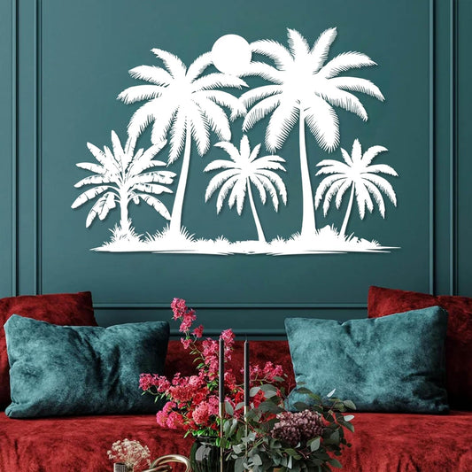 Tuglona Metal Palm Tree with Sunset Wall Decor, Tropical Palm Tree Metal Wall Art, Tropical Wall Decor, Sun Wall Art, Beach Wall Decoration, Coastal Trees Wall Hanging (White, 35"x25"/90x62cm)