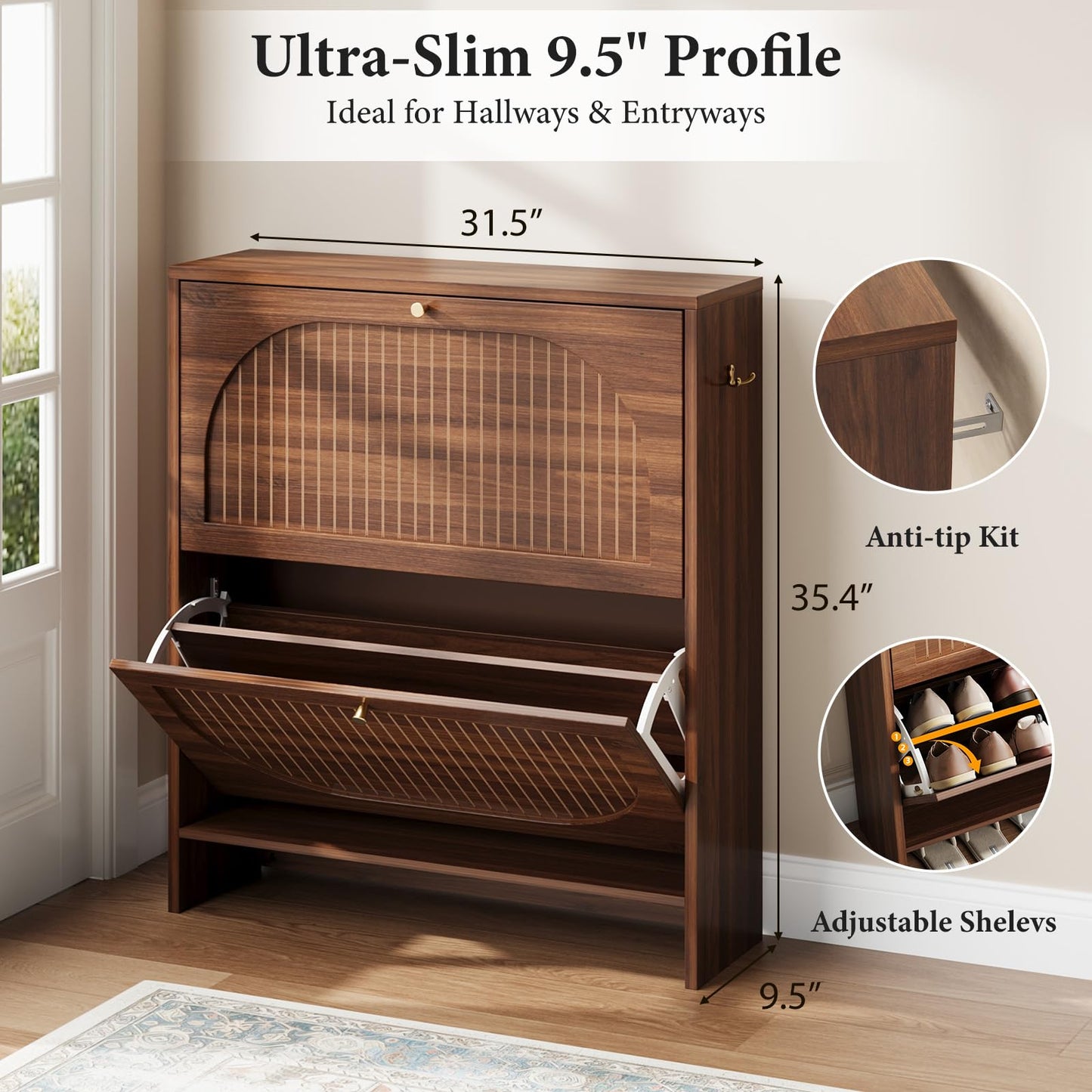 Nicetree Arch-Chic Shoe Cabinet for Entryway, Modern Mid-Century Shoe Storage Cabinet with Fluted