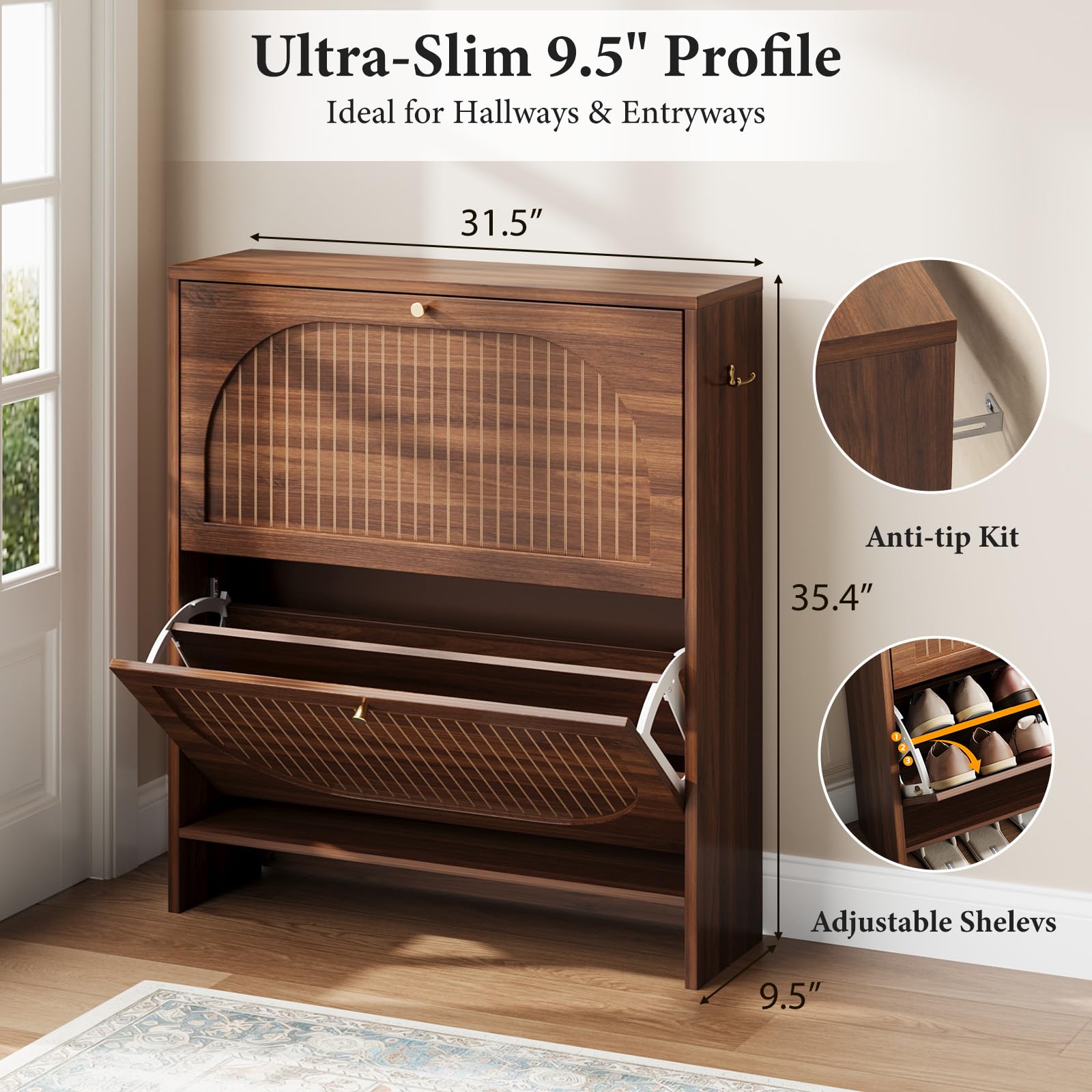 Nicetree Arch-Chic Shoe Cabinet for Entryway, Modern Mid-Century Shoe Storage Cabinet with Fluted