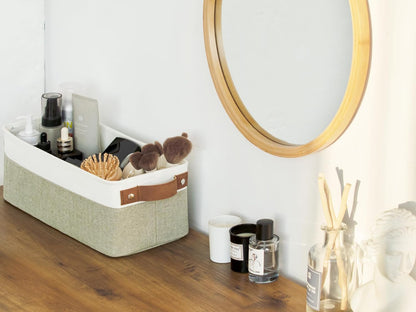 StorageWorks Narrow Storage Bins, Small Basket for Closet and Shelves, Fabric Organizer with Handles, Toilet Paper Storage, Green and White, 2-Pack