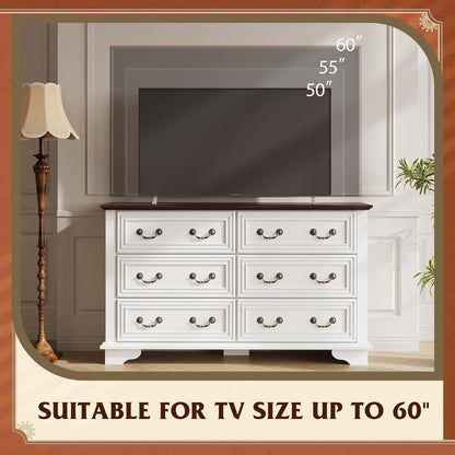 WLIVE Farmhouse Dresser for Bedroom, 51.97'' Wide Wood White Dresser with 6 Drawer, Chest of Drawers with Roman Metal Handle, TV Stand for 60 inch TV, for Living Room, Hallway
