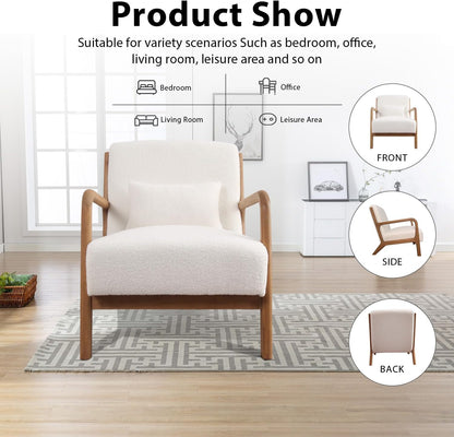 INZOY Mid Century Modern Accent Chair Set of 2, Lamb Wool Fabric Living Room Chairs with Waist Cushion, Upholstered Reading Armchair for Bedroom Sunroom