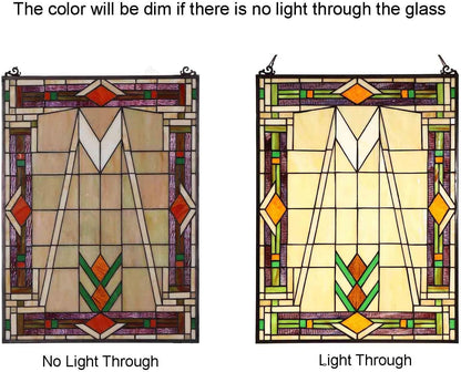 Bieye W10029 Mission Tiffany Style Stained Glass Window Panel Hangings with Chain, 18" W x 25" H