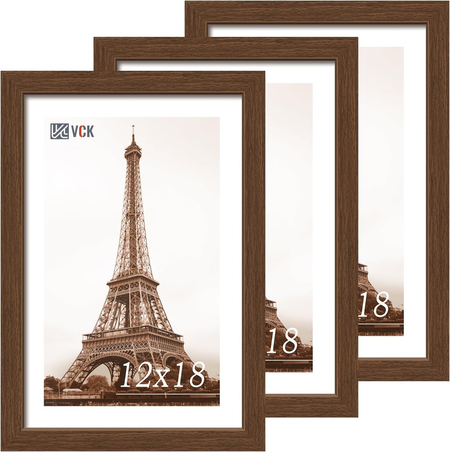 VCK 12x18 Picture Frame 3 Pack, Brown Wood Poster Frame with Exclusive Wood Grain, Wall Mounting Hanging