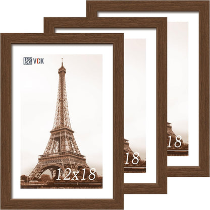 VCK 12x18 Picture Frame 3 Pack, Brown Wood Poster Frame with Exclusive Wood Grain, Wall Mounting Hanging