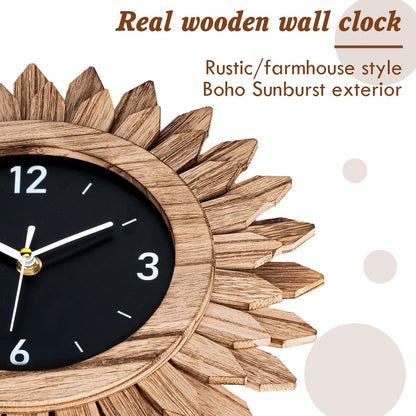 Honiway Wall Clock Battery Operated 12 in Rustic Wood Boho Sunburst Decorative Wall Clock Silent Non Ticking Farmhouse Small Wall Clocks for Living Room Kitchen Bathroom Bedroom Decor (Rustic Brown)