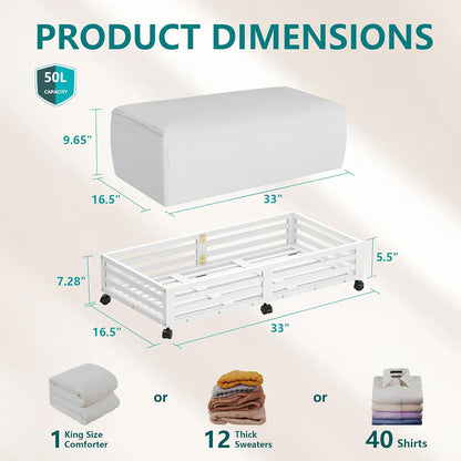 Bamboo Under Bed Storage Containers- Underbed Organizer with Wheels with Large Dust Bag,Sturdy Wood Rolling Under the Bed Shoe Storage Organizer Drawer 2 Packs (White, Long)