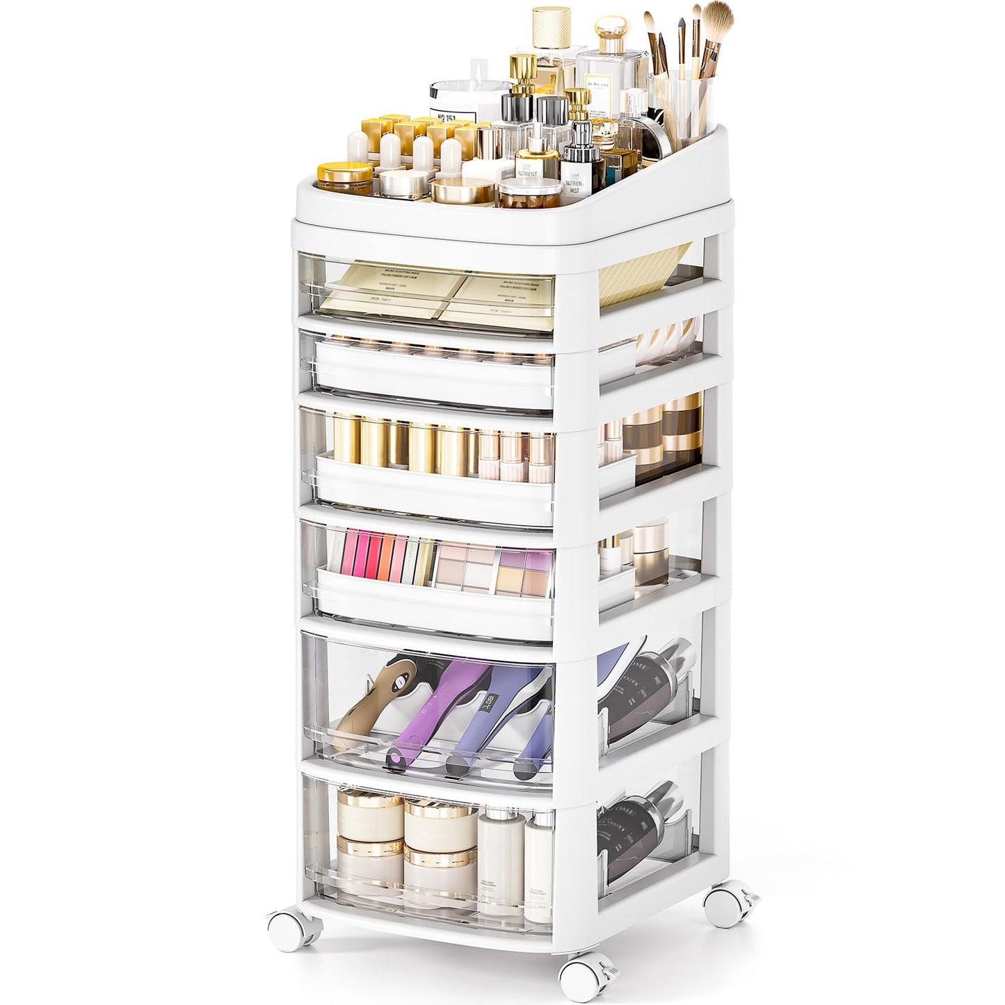 Rolling Cart with 6 Drawers, Clear Plastic Drawer Organizers, Vanity Cart