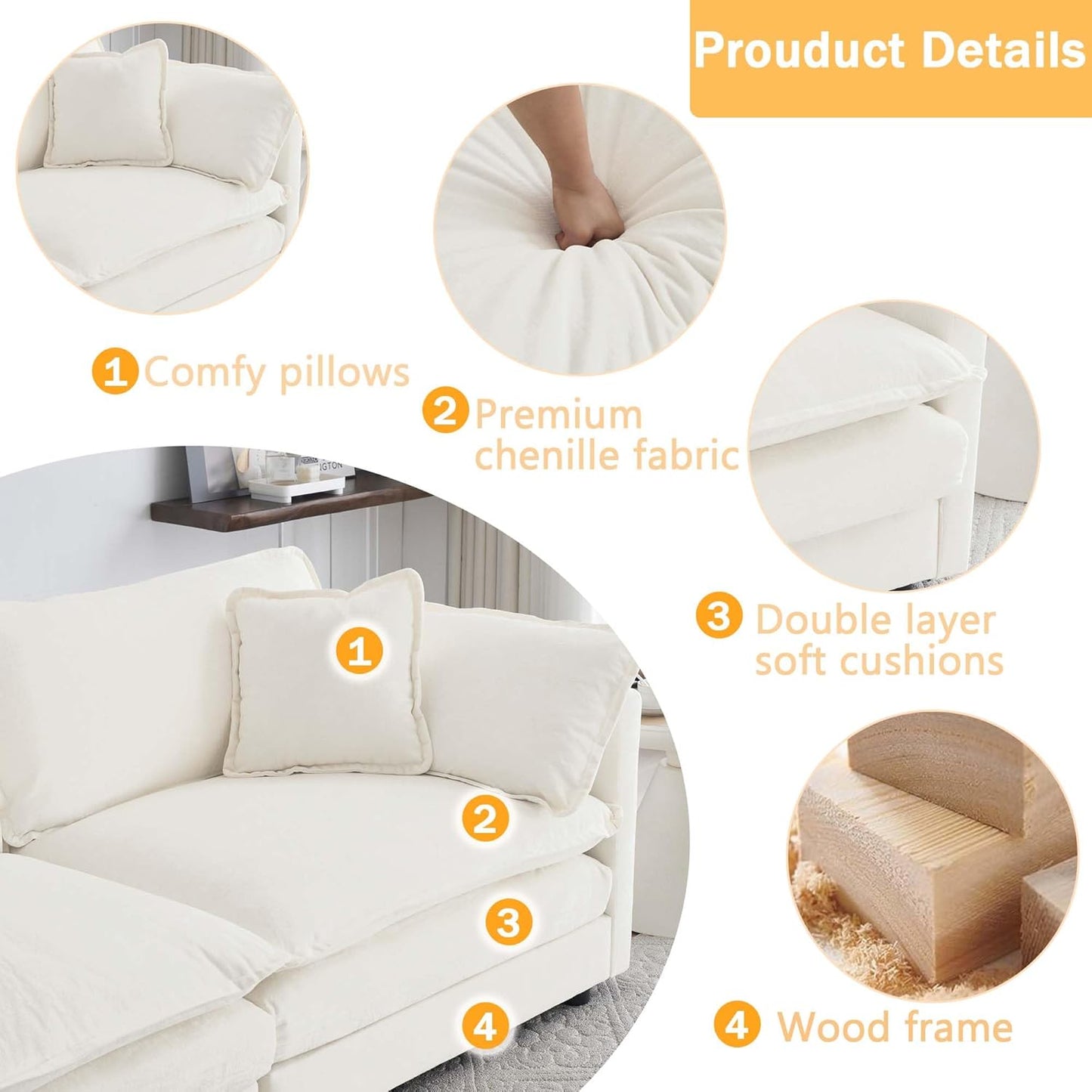 Sectional Sofa 3 Seater with Movable 2 Ottomans,Oversized Modular Couch Deep Seat (Beige, 111.5 inch-U)