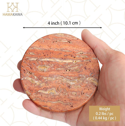 Real Natural Marble Coasters Set of 4, Modern Red Stone 4 Inch, Round Travertine Drink Coasters for Home Decor, Coffee Table, Office