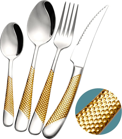 16 Piece Hammered Silver Gold Silverware Set, Modern Golden 18/10 Stainless Steel Flatware Set, Kitchen Utensil Set Service for 4, Tableware Cutlery Set, Knives Forks Spoons Set