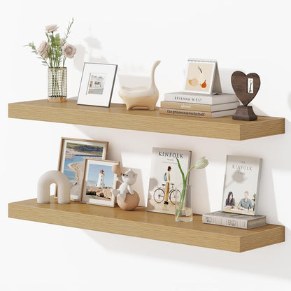 Dreamland 40 Inches Floating Shelves for Wall, 9.3" Deep Long Floating Shelves Set of 2, Large Display & Storage Shelf, Wall Shelf for Bathroom Bedroom Living Room Kitchen Office, Oak