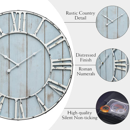 Large Farmhouse Wall Clock 24 Inch Vintage Blue Wooden Wall Clock with Quiet Ticking and Minimalist Roman Numerals for Bedroom Living Room Office Kitchen Home Decor, Battery Operated