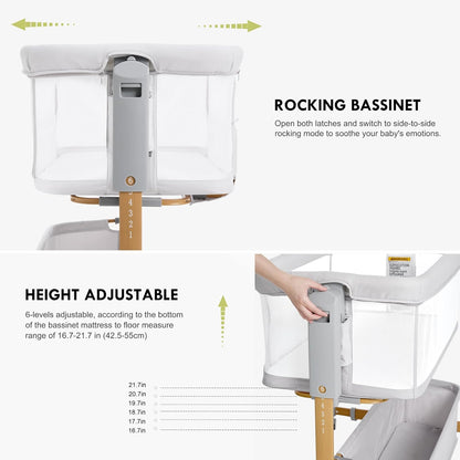 Baby Bassinet Bedside Sleeper, 3-in-1 Rocking Bassinet for Baby with 6-Level Height Adjustable, 4 Wheels & Breathable Mesh Walls, Portable Bedside Bassinet with Mattress for Newborn