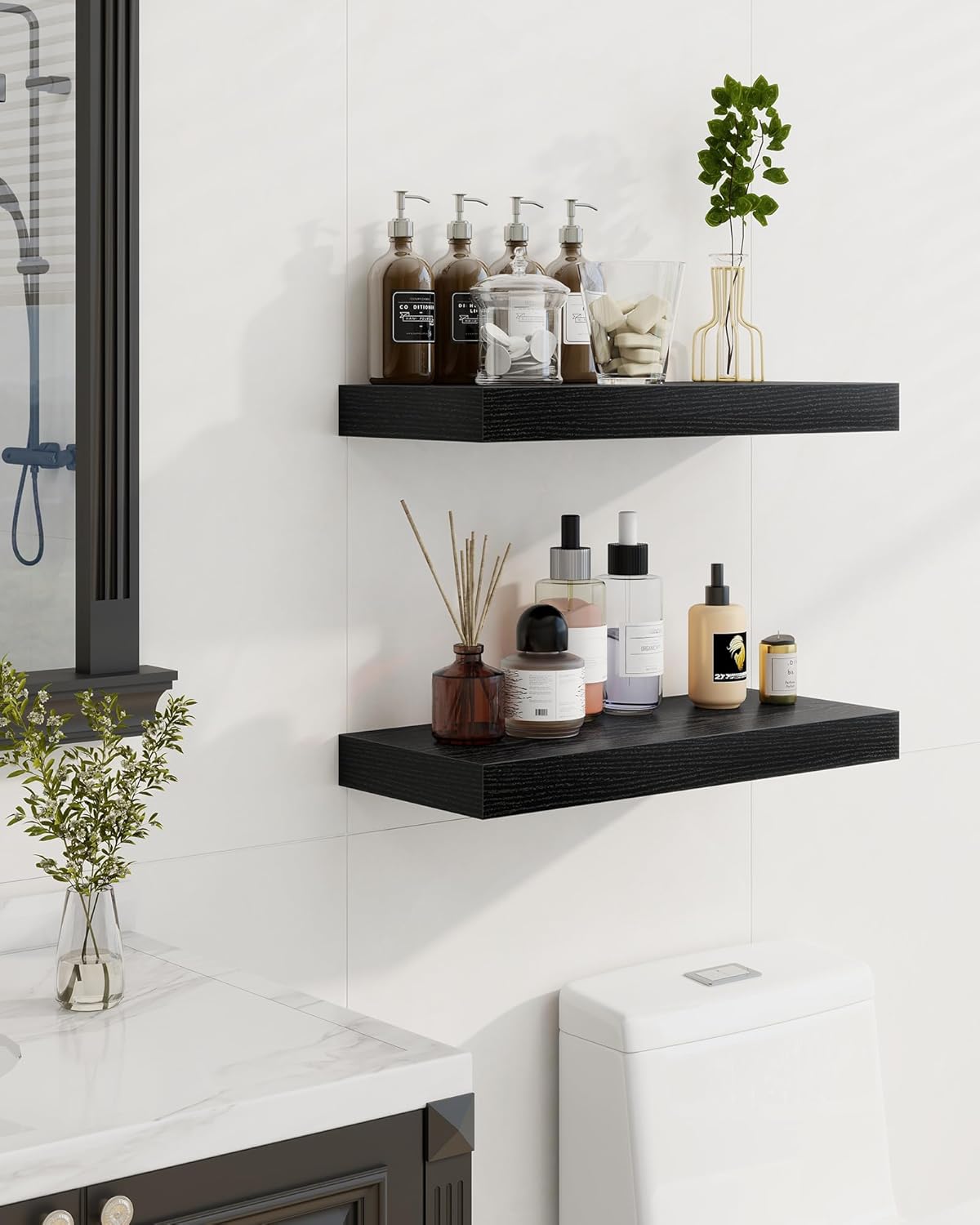 Marsmiles 48" Floating Shelves for Wall, Wooden Shelves with Invisible Brackets Set of 2, Rustic Farmhouse Wall Mounted Shelf for Kitchen Bathroom Living Room Study, Black