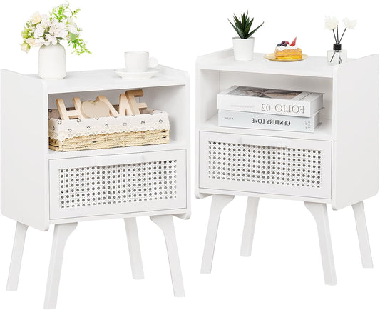 Lerliuo Rattan Nightstands Set of 2, Side Table with Drawer Open Shelf, Cane Accent Bedside End