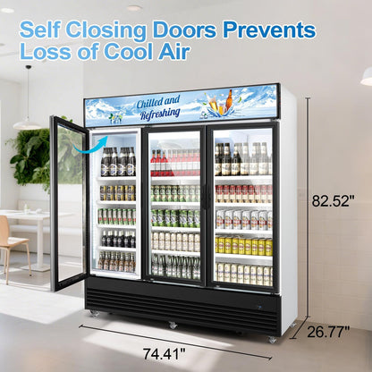 Tylza Commercial Refrigerator, Three Glass Door Display Beverage Fridge, 59.06 Cu Ft Upright Beverage Cooler Merchandiser with Replaceable Advertising Light Board, Rebound Door, Fast Cooling