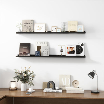 Picture Ledge Shelf, Wood Long Floating Shelves for Wall, Set of 2, 48 inch Picture Ledge Shelves, Photo Ledge Nursery Book Shelves Wall Mounted for Living Room Kids' Room Bedroom, Color Black