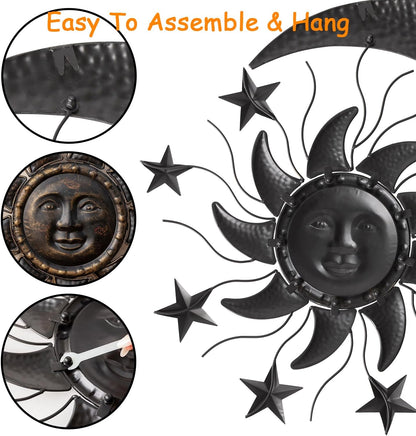 TICKCACY 27” Metal Sun Wall Decor, Vintage Sun Moon Stars Wall Hanging Decoration, Moon and Stars Wall Art Sculpture for Indoor Outdoor Living Room Bedroom Garden Yard Patio Fence