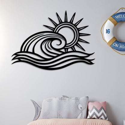 Wita Home Ocean Wave Metal Wall Art, Sun Beach Decor, Coastal Large Wall Sculpture for Home, Indoor/Outdoor Use, Nautical Wall Hanging, Eye-Catching Addition to Living Room (Silver, 24 x 14 inches)