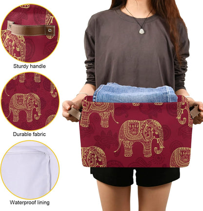 susiyo Foldable Storage Bins Large Collapsible Fabric Storage Baskets with Leather Handles Organizing Box for Shelves Home Bedroom Nursery Office 1 Pack，Indian Tribal Elephants