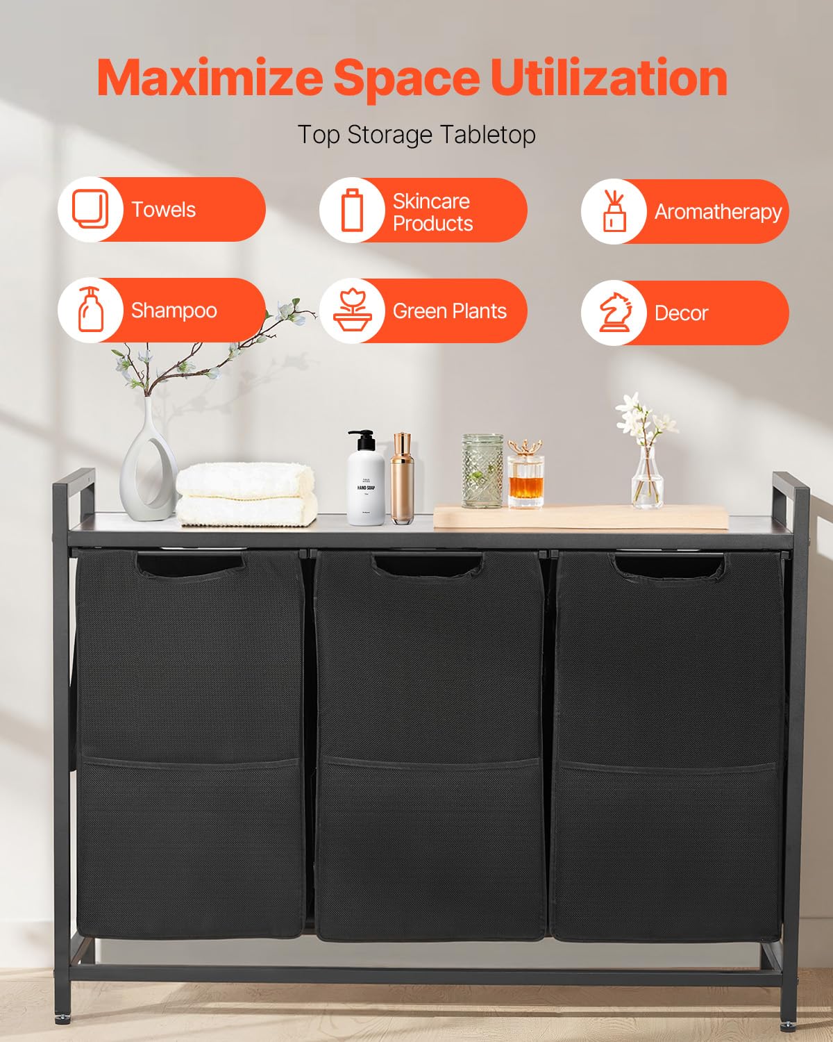 VEVOR 3 Section Laundry Sorter, Large Laundry Hamper with Metal Frame and Wooden Tabletop
