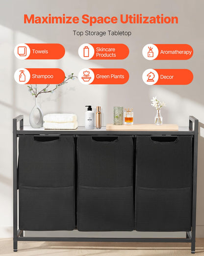 VEVOR 3 Section Laundry Sorter, Large Laundry Hamper with Metal Frame and Wooden Tabletop