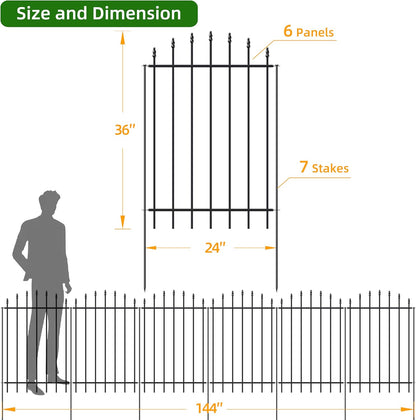 Metal Garden Fence 36 in H x 12 ft L, 6 Panels + 7 Stakes Border Dog Fence Panels Animal Barrier, No Dig Garden Fencing for Yard Patio Flower Bed Lawn Outdoor, Arch Black