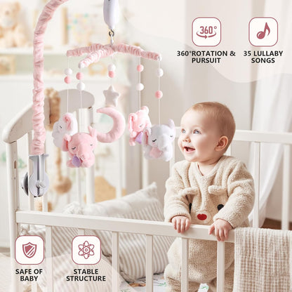 Baby Crib Mobile - Elephant Mobile for Crib with 25 Inches Mobile Arm and 35 Lullabies Musical Box, 3 Modes Digital, Volume Control, Essential Gift for Infant Boys Girls Bedroom Hanging Decor