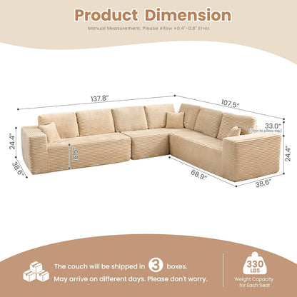 HOOOWOOO Cloud Sectional Couches for Living Room,Modular Sectional Sofa No Assembly,138X108 Inch Plush Corduroy Large L Shaped Floor Couch Set with Deep Seat(Beige)