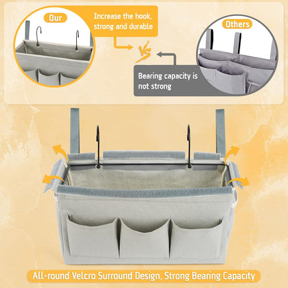 Bedside Storage Organizer with Fixed Straps and Water Bottle Holder for Home, College, Dorm, Bunk / Hospital Bed, Crib Bed Rails (Grey)