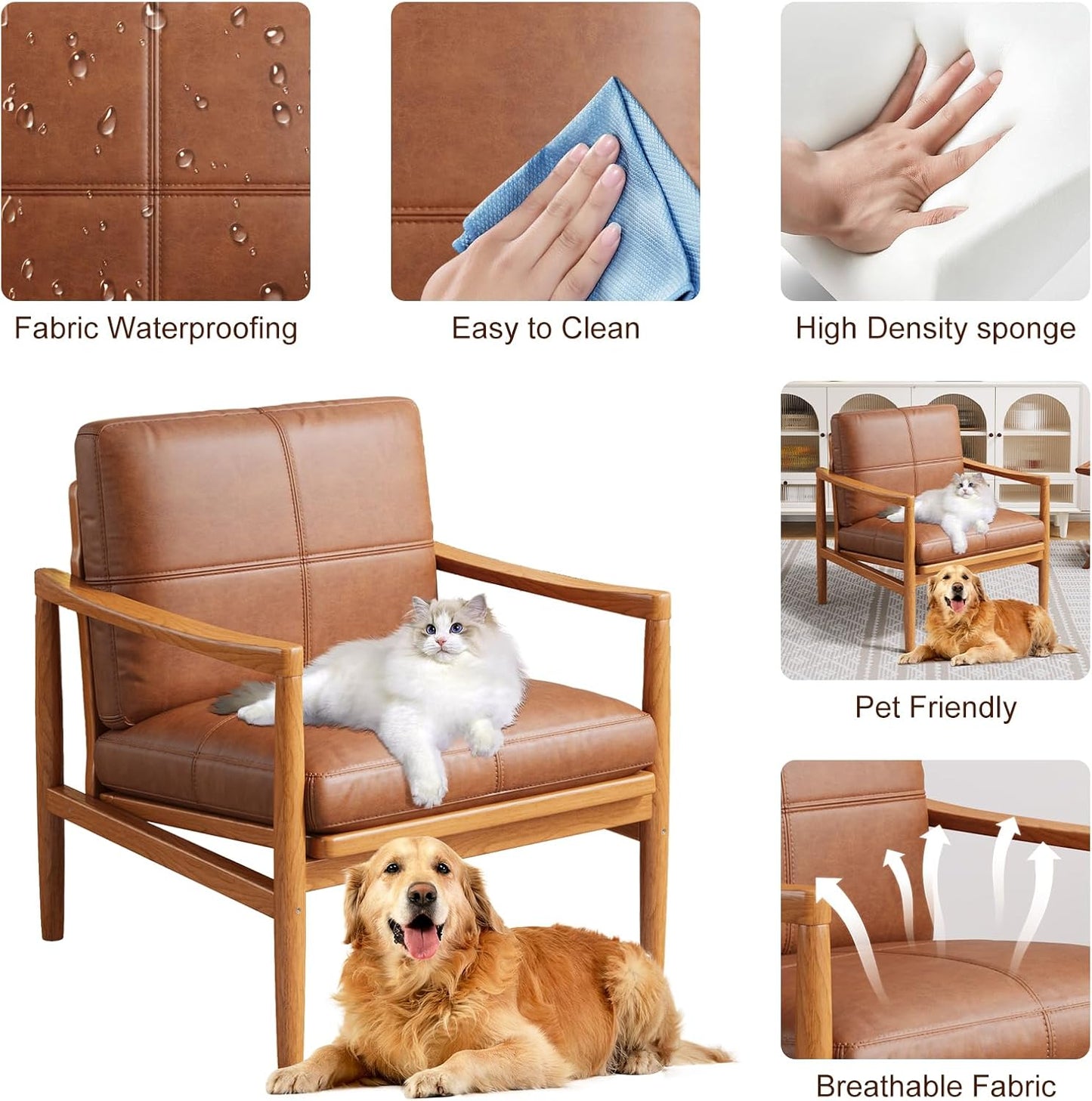 Mid Century Modern Accent Chair, Wooden Accent Chairs, Accent Chairs for Living Room, Wood Frame & Soft Cushion, Reading Leisure Chair for Living Room, Reading Room, Bedroom