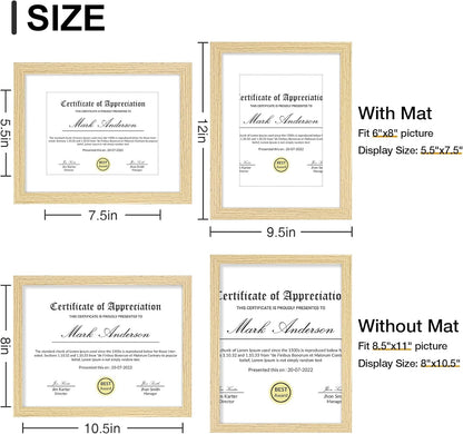 Vittanly 8.5x11 Picture Frames Set of 9, Shatter Resistant Plexiglass, Display 6x8 Pictures with Mat or 8.5x11 without Mat, Photo Frames for Wall or Tabletop, Engineered Wood, OAK