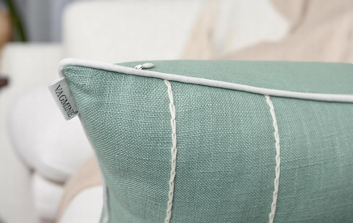 VAGMINE Hand Embroidered Daisy Accent Throw Pillow Cover - 18x18 Inches Square - 100% Cotton Light Teal Decorative Cushion Cover for Couch, Sofa, Bed - Textured Embroidery - Elegant Floral Home Décor