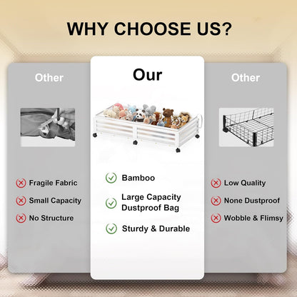 Under Bed Storage with Wheels-Large Bamboo Underbed storage Containers with Large Dust Bag Stackable Under the Bed Shoe Storage Bins for Clothes Books Bedding (2 Packs White, 33.07"L×16.54"W× 6.5"H)