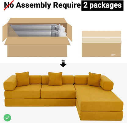 108" Oversized Convertible Sleeper Sofa Bed, Corduroy L Shape Sectional Couch, Folding Sofa Bed with Side Pocket, Modern Cloud Floor Mattress Couch, Modular Sofa for Living Room, Yellow