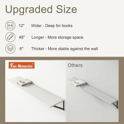 12 Inch Deep Floating Shelves, White Floating Shelves 48W x 12D, Deep Wall Shelves Bracket Set of 2, Large Display Hanging Floating Shelf for Bathroom, Living Room, Wide Storage Wooden Wall Shelf