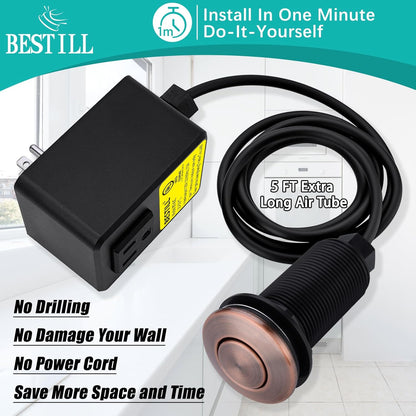 BESTILL Garbage Disposal Air Switch Kit - UL Listed, Cordless Sink Top Switch Button for Waste Disposer, Long Push Button with Brass Cover, Antique Copper, Compatible with all Garbage Disposals
