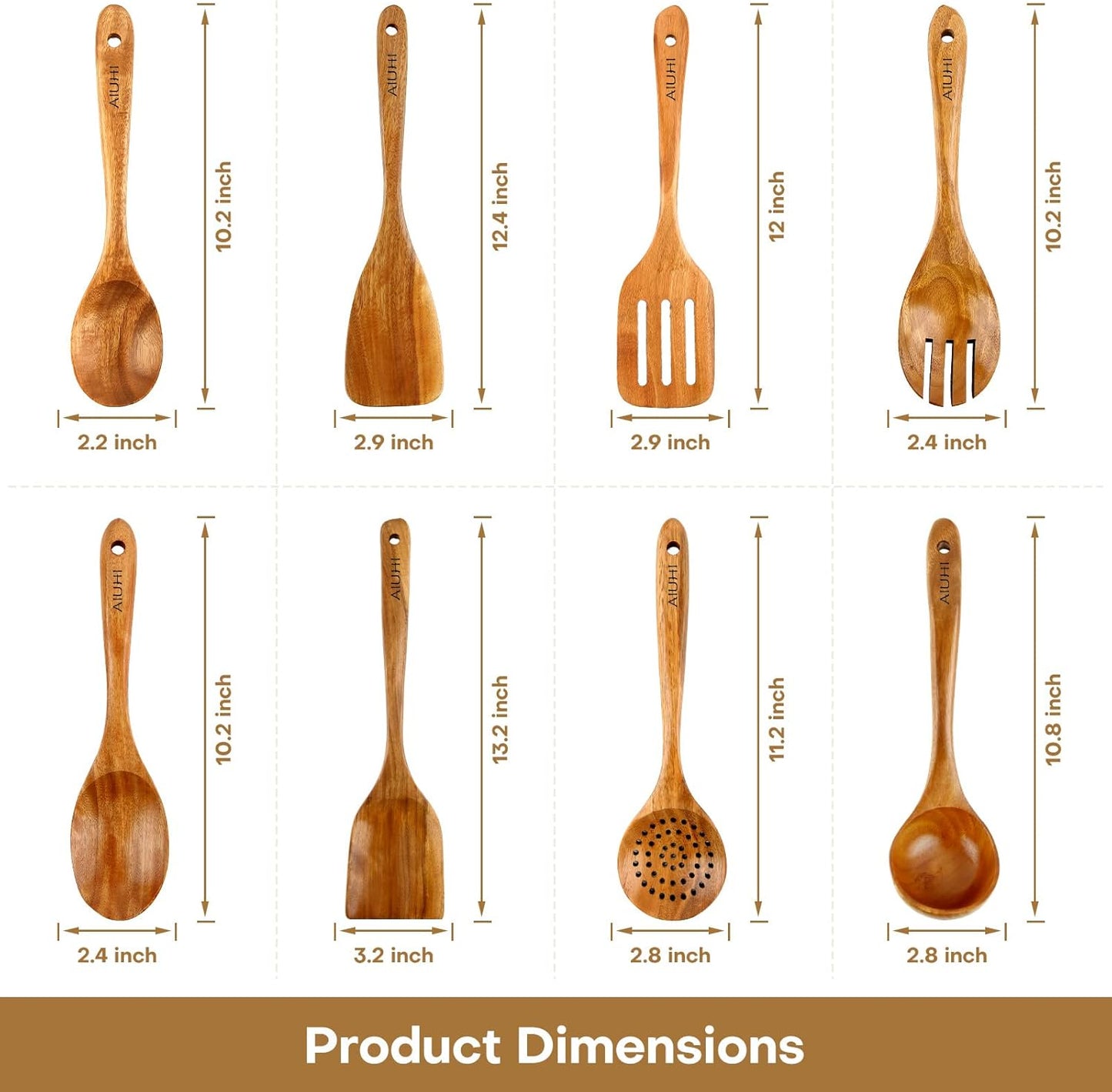 AIUHI Wood Spoons for Cooking, Nonstick Kitchen Utensil Set, Wooden Spoons Cooking Utensil Set Non Scratch Natural Teak Wooden Utensils for Cooking (Teak 8 Pack)