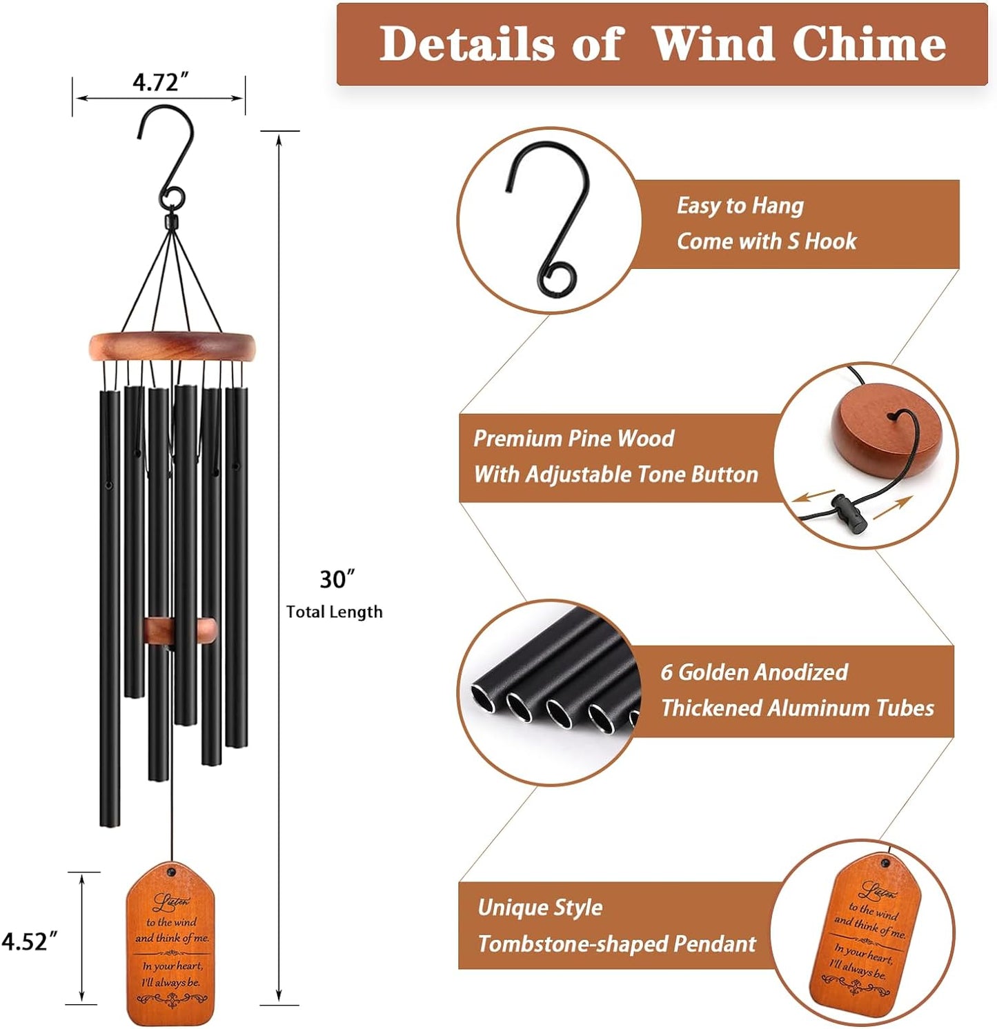 Sympathy Gift Baskets, 30" Wooden Memorial Wind Chimes for Loss of Loved One, Memorial/Bereavement/Condolence/Funeral Gifts, in Memory of a Loved One Mother Father