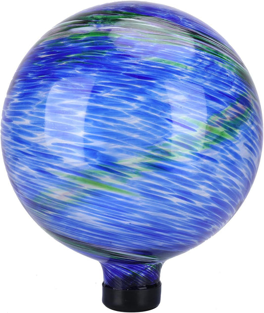 VCUTEKA Glass Outdoor Gazing Globe, Blue and Green Hand Painted Swirled Sphere for Patio Garden