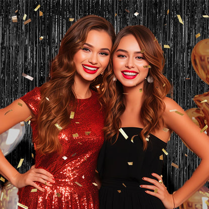 3 Pack Foil Fringe Backdrop - Black Shiny Tinsel Curtains for Party Decoration/Photo Booth Props - 3.3x8.2 FT Metallic Foil Backdrop for Birthday, Wedding, Graduation, Christmas.