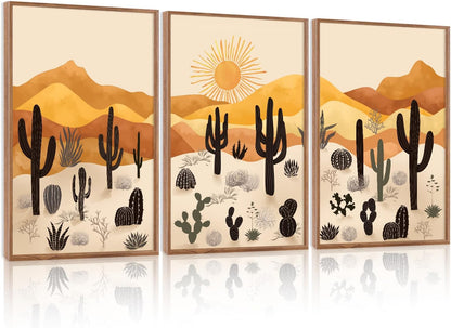 KAIRNE Cactus Canvas Wall Art,Desert Landscape Paintings,Aesthetic Abstract Prints Set of 3(16”X24”),Minimalist Farmhouse Wall Decor,Abstract Boho Artwork for Living Room Bedroom Office Decoration