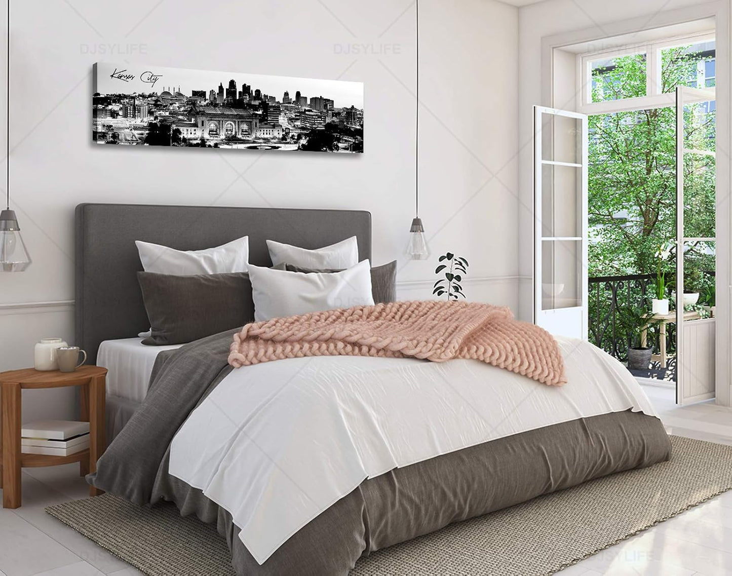 Pictures for Bedroom Black and White Wall Art Kansas City Panoramic Cityscape Skyline Canvas Art Prints for Living Room Office Home Decor Framed and Ready to Hang 13.8"x47.3"