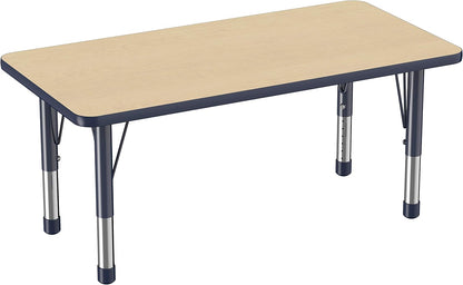 FDP Rectangle Activity School and Kids Classroom Table (24 x 48 inch), Toddler Legs, Adjustable Height 15-24 inches - Maple Top and Navy Edge