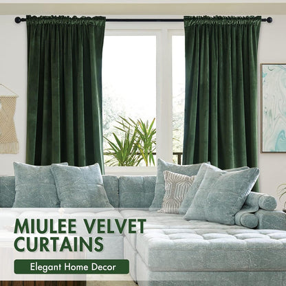 MIULEE Olive Green Velvet Curtains Thermal Insulated Blackout Curtain Drapes for Bedroom Living Room Darkening 90 Inches Long Curtains Panels Rod Pocket Set of 2