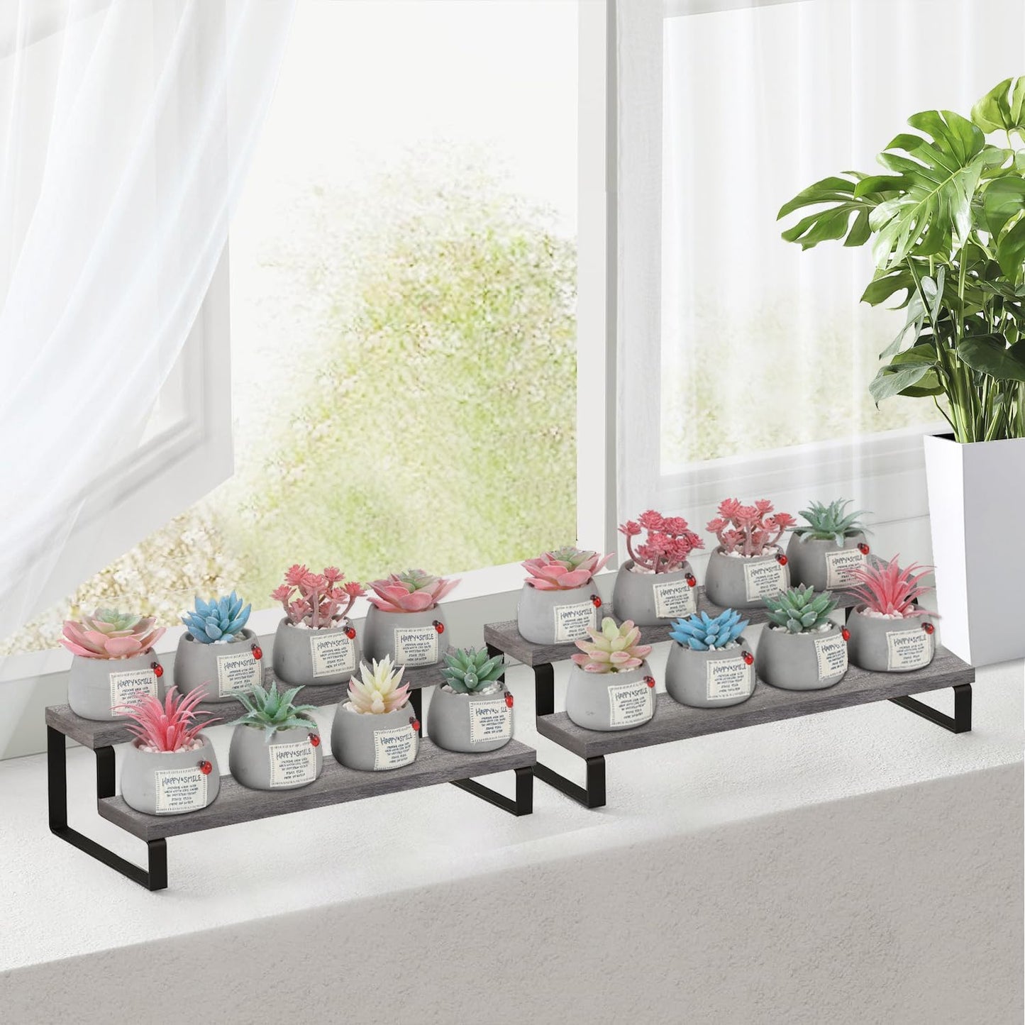 YINMIT Wooden Display Riser Stand, Tiered Perfume and Cologne Organizer Stand, 2 Tier Spice Rack Organizer, Rustic Display Shelf for Candles (2 Tier,2Pack,Grey)