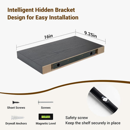 16 Inch Floating Shelves, 16"x9.25"x1.5" Inch Deep Floating Shelves for Wall, Wooden Shelves for Bathroom, Bedroom, Living Room, Black