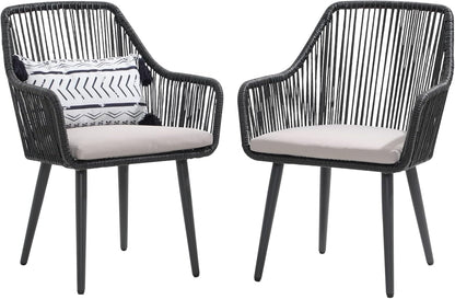 Patiorama Outdoor Dining Chairs, Patio Dining Chair Set of 2, All-Weather Woven Rope Rattan Chairs, Outdoor Dining Wicker Chairs with Armrests for Indoor Balcony Pool Backyard(Black)