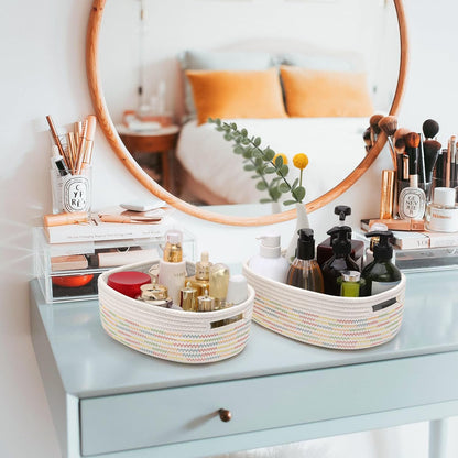 7 Piece Cotton Rope Woven Basket Set - Small Basket for Baby Nursery, Pets, Montessori, Dog & Cat Toy Boxes, Bathroom Organization Bins (White/Rainbow Stitching)